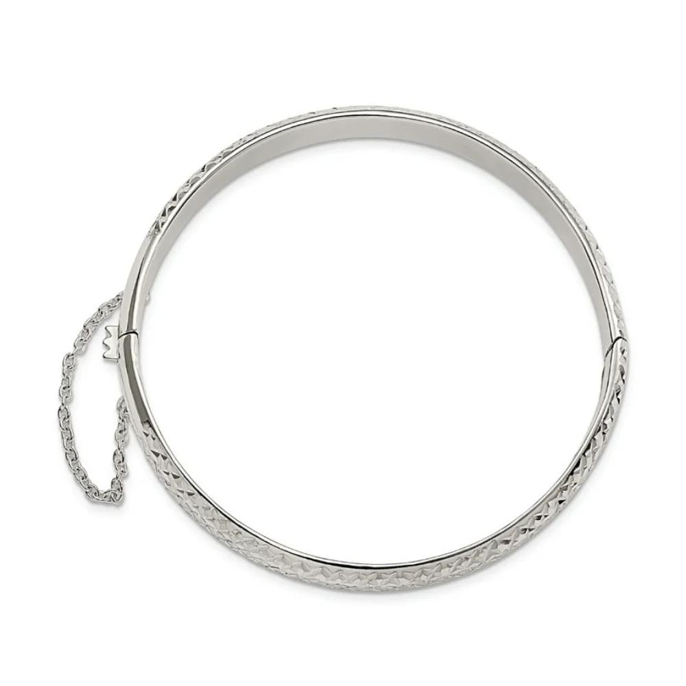 Rhodium Over Sterling Silver Polished and Diamond-cut 7.00mm Hinged Bangle ✨️ - Picture 2 of 8